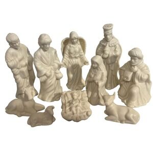 Nativity Scene Set 10 Piece‎ Ceramic Cream Holy Family Angel Wise Men Animals